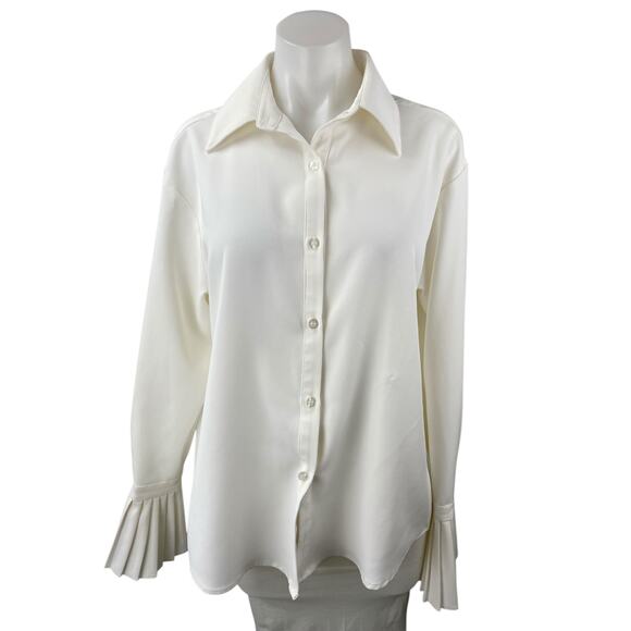 Commense Womens White Long Bell Sleeve Pleated Button Up Blouse Shirt Top Size S - Picture 1 of 5